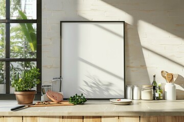 a Poster mockup of an empty, sideview blank poster, frame, on a kitchen countertop 