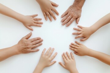Obraz premium Top view image depicting a circle of diverse hands, ranging from elderly to children, symbolizing unity, family bonds, and generational connection on a neutral background