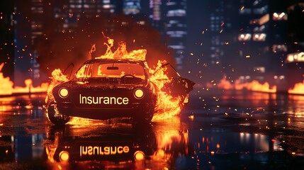 Dramatic scene of a burning car in an urban night setting, reflecting city lights on wet pavement, emphasizing the concept of insurance loss.