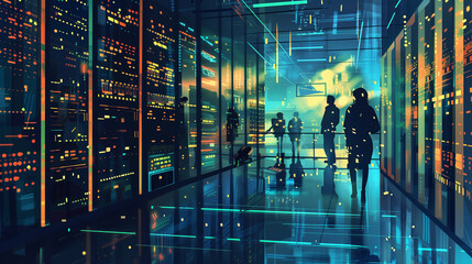 A man is walking down a hallway with a group of people. The hallway is lit up with neon lights and the people are wearing dark clothing. Scene is mysterious and futuristic