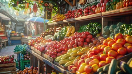 Obraz premium Fresh, lively tones of a farmer s market in the summer, colorful fruits and vegetables displayed under the bright sun, vivid style