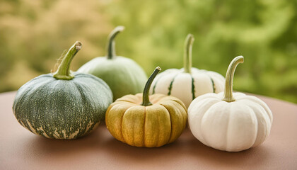 Colorful fresh pumpkins. Organic farm product. Autumn harvest. Fall season. Blurred natural backdrop