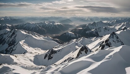 photorealistic image of a breathtaking panoramic view from the summit of a snow-covered mountain, Generative AI