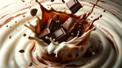 chocolate pieces dramatically falling into a swirling splash of chocolate sauce and milk cream.