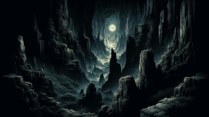 mysterious cave landscape under the light of a looming moon.
