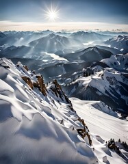 photorealistic image of a breathtaking panoramic view from the summit of a snow-covered mountain, Generative AI