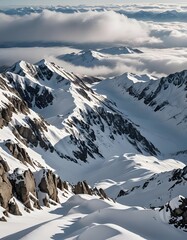photorealistic image of a breathtaking panoramic view from the summit of a snow-covered mountain, Generative AI