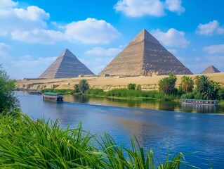 Scenic view of the Pyramids of Giza with boats on the Nile River, surrounded by lush greenery.