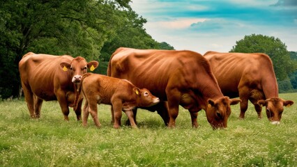 Fototapeta premium Brown Cows Standing with Beautiful Green Grass Background