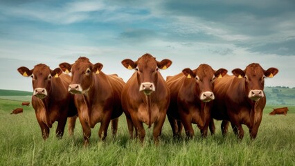 Brown Cows Standing with Beautiful Green Grass Background