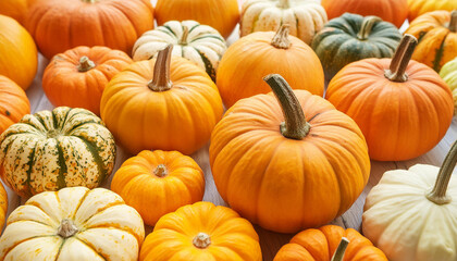 Various fresh ripe pumpkins as background. Organic farm product. Autumn harvest. Fall season.