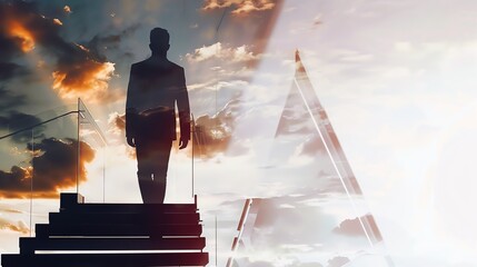 Silhouette of a man standing on stairs against a dramatic sky backdrop symbolizing ambition, success, and future aspirations.