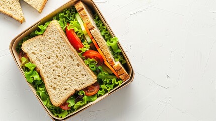 Lunch box with sandwich and vegetables, top view angle on isolated white background, generative ai


