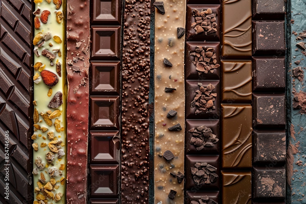 Poster various types of chocolate bars, arranged neatly in a row, showcasing a variety of flavors and types