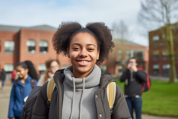 Smiling black student in the school playground. Afro American student. Topics related to education. University open house. School door. Back to school. School holidays. 