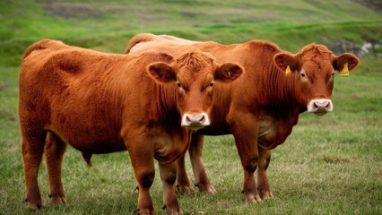 Brown Cows Standing with Beautiful Green Grass Background