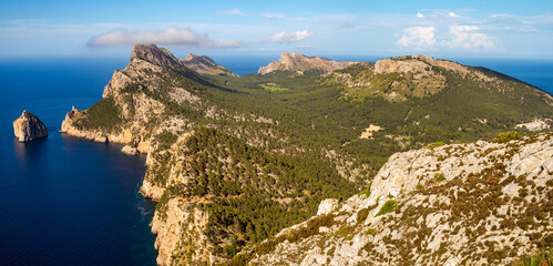 Panoramic view of Cap de Formentor cape, the most northern spot in the island of Majorca, Balearic...
