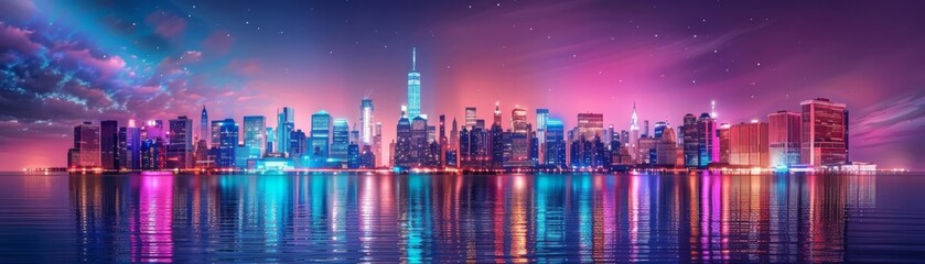 New Year city skyline flat design front view illuminated celebration theme 3D render Triadic Color Scheme