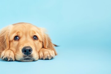 Cute golden retriever puppy with expressive eyes lies against a soothing blue backdrop, exuding warmth, comfort, and the irresistible appeal of a loyal furry friend