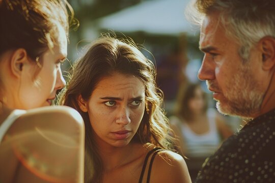 Grupo de personas teniendo una conversaci&oacute;n seria al aire libre en un d&iacute;a soleado