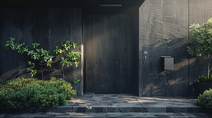 A minimalist home with a black stucco exterior, featuring a minimalist walkway lined with...