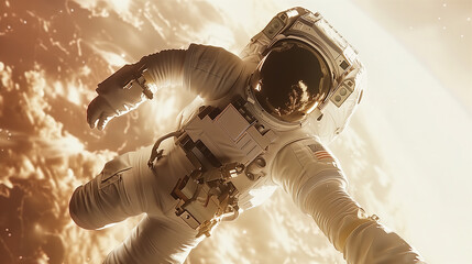 A man in a spacesuit is floating in space. The image has a sense of adventure and exploration