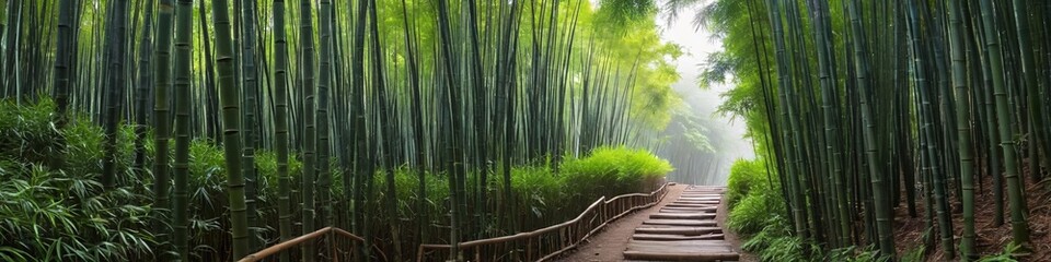 A path in a bamboo forest with bamboo trees in the background. - Powered by Adobe