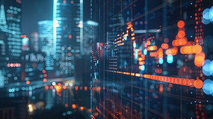 Fototapeta premium stock market data on digital screen, blue and orange color theme, city background