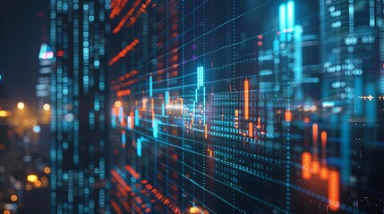 stock market data on digital screen, blue and orange color theme, city background