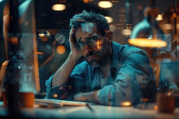 Obraz premium The worried man next to the computer