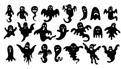 Set of Halloween Ghost Silhouette with scary faces. Abstract Collection of mystical evil Halloween spirits. Vector Illustration isolated on White Background