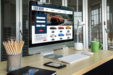 car rental website on computer screen for tourist to rent a car for transportation snugly