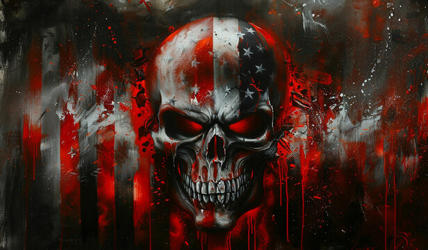 Intense and dramatic artwork featuring a skull painted with the American flag, surrounded by dark, fiery colors, creating a bold and rebellious statement.