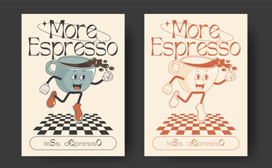 Retro posters with mascot cups of hot drink, cappuccino, latte, espresso in trendy vintage style with monochromatic version. More espresso less depresso