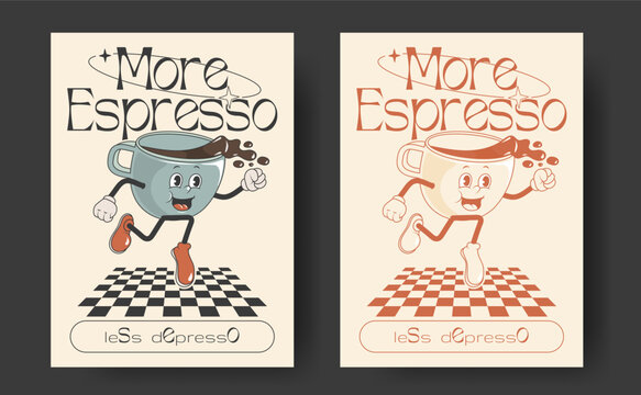 Retro posters with mascot cups of hot drink, cappuccino, latte, espresso in trendy vintage style with monochromatic version. More espresso less depresso