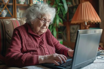 Senior woman in glasses focused on typing on a laptop in a cozy living room setting