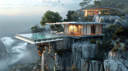 A minimalist house built into a cliffside, with a cantilevered deck, offering breathtaking views. 