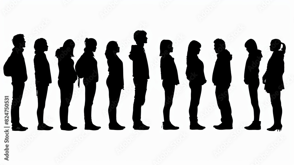 Wall mural Highly detailed silhouettes of people standing in line, isolated on a white background in high-resolution PNG format. Perfect for realistic illustrations, clip art, and graphic design projects.