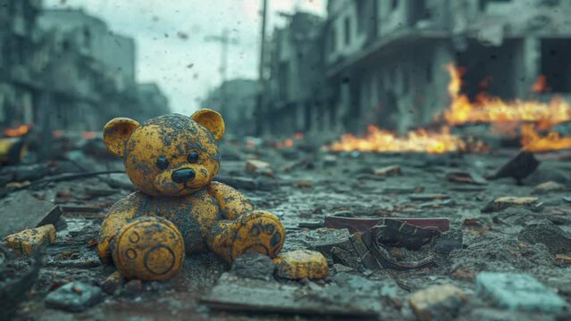Bear doll with city ruin background after apocalypse war animation looping video background 