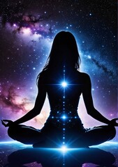 silhouette of a girl in the lotus position against the background of outer space. meditation, space