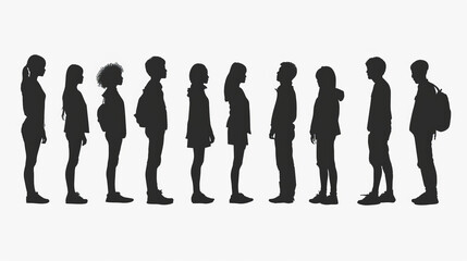 Highly detailed silhouettes of people standing in line, isolated on a white background in high-resolution PNG format. Perfect for realistic illustrations, clip art, and graphic design projects.