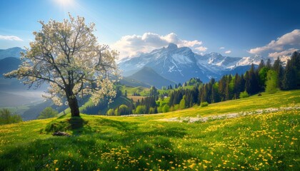 Sunny day in the alps. idyllic springtime mountain landscape with blooming meadows