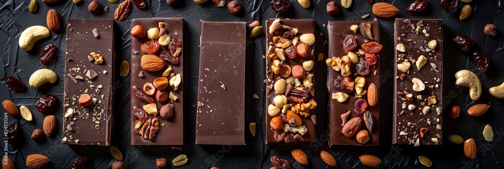 Poster a row of chocolate bars topped with nuts and dried fruits, showcasing rich textures and natural ingr