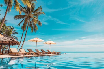 Obraz premium Luxury beach resort hotel with swimming pool and palm trees, summer island seaside vacation