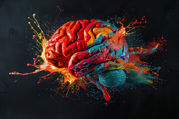 A dramatic image of a brain surrounded by an explosion of colorful paint splatters on a deep black background, representing a burst of creativity - Powered by Adobe