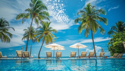 Obraz premium Luxury beach resort swimming pool and relaxing seaside vacation landscape with palm trees