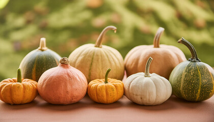 Colorful fresh pumpkins. Organic farm product. Autumn harvest. Fall season. Blurred natural backdrop