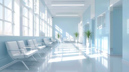 A modern white and light blue hospital waiting room with empty chairs and windows on the left side.