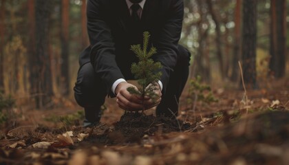 Professional business leader planting tree for environmental restoration efforts