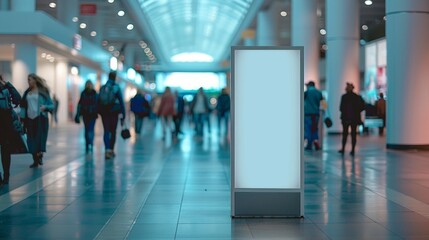 A white advertising mockup display installed in the middle of a crowded conference hall.